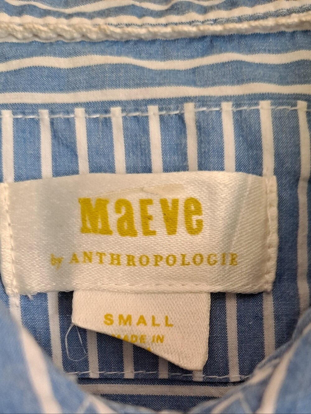Anthropologie Maeve Blue And White Striped Capped Sleeve Button-Down Crop Top. - Picture 7 of 7